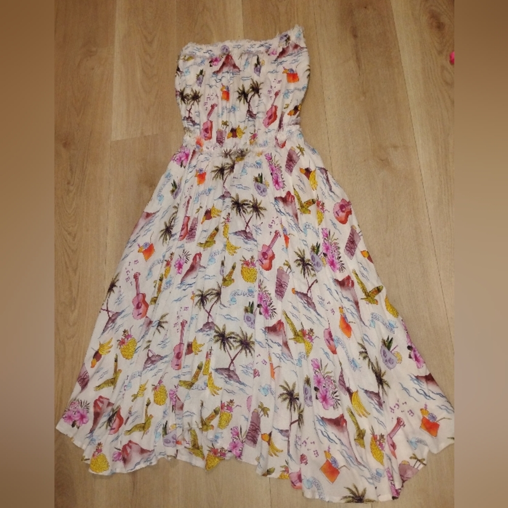 Cobalt & Tawny Strapless Whimsical Hawaiian Print Midi dress M/L- NWT!